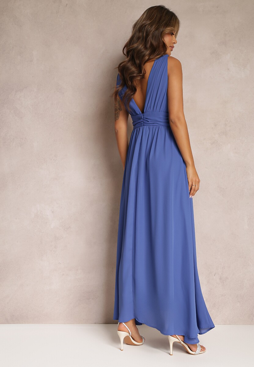 Niebieska Rozkloszowana Sukienka Maxi na Ramiączkach z Rozcięciem Ernames