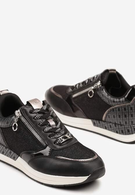 Czarne Sneakersy z Wkładką ze Skóry Naturalnej Zdobione Suwakiem Fihanor