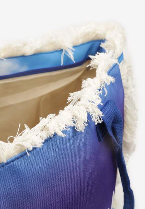 Ciemnofioletowa Duża Torebka Tote z Dwoma Uchwytami Napisami i Krótkimi Frędzlami Geminisa