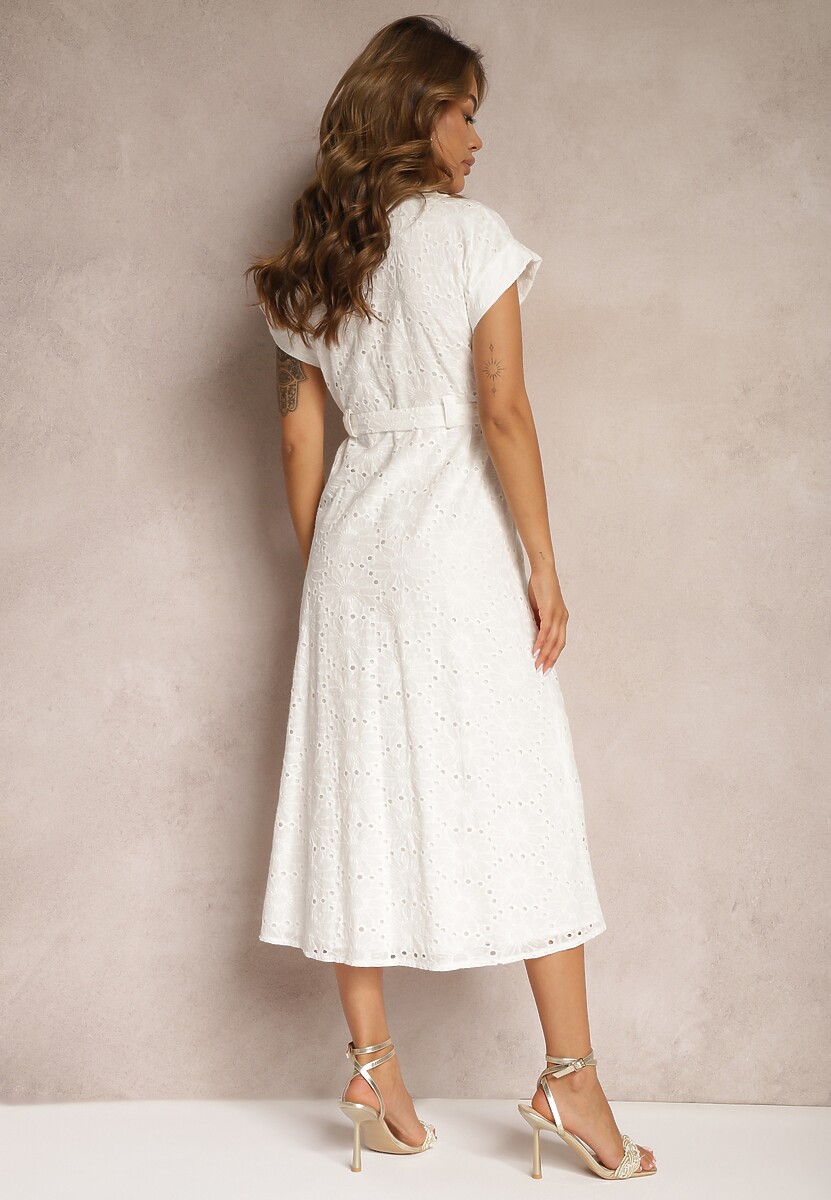 Biała Rozkloszowana Koszulowa Sukienka z Bawełny z Ażurowym Zdobieniem i Paskiem Ilosofia