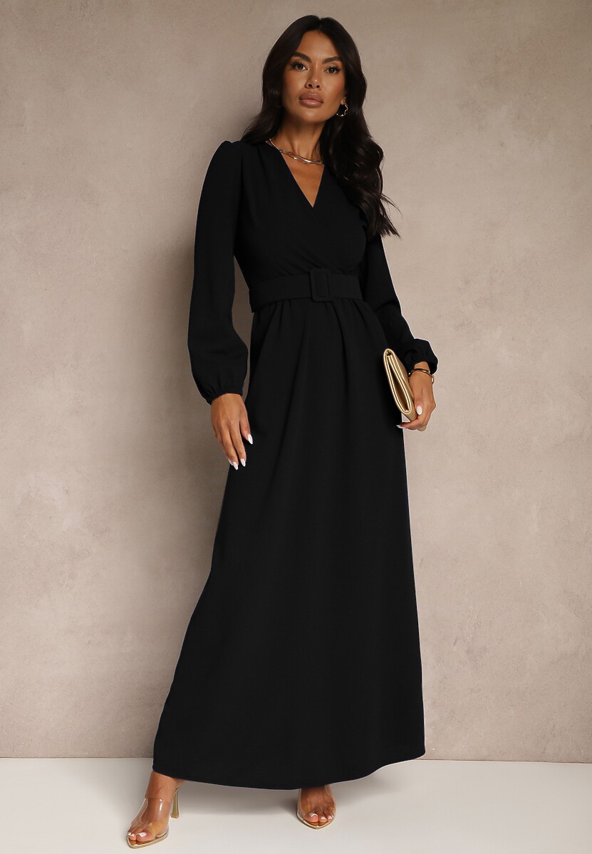 Czarna Koktajlowa Sukienka o Rozkloszowanym Kroju z Ozdobnym Paskiem Feliera