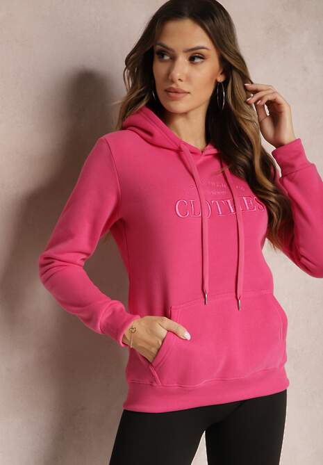 Różowa Ocieplana Bluza z Haftem i Kapturem Ieliana