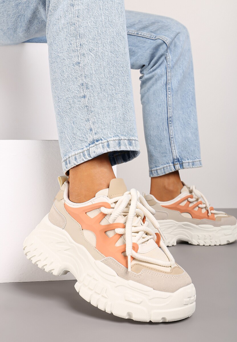 Beżowo-Pomarańczowe Sneakersy na Platformie z Przeszyciami i Grubymi Sznurówkami Nevelinda