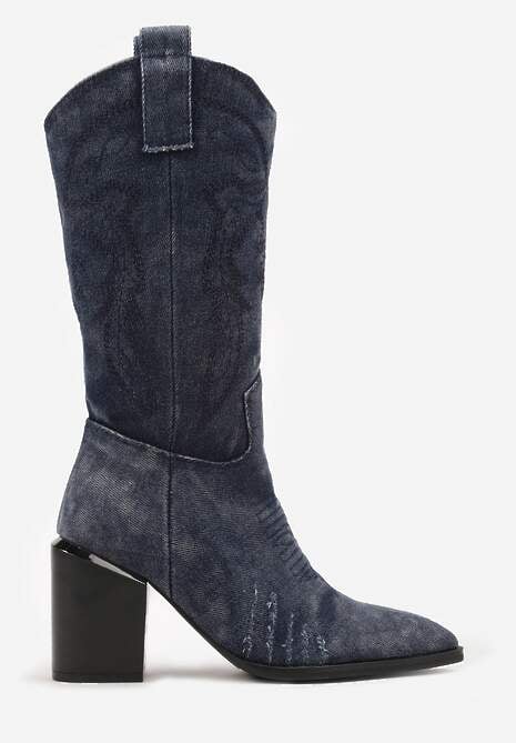 Granatowe Botki na Słupku w Stylu Kowbojek Ozdobione Haftem Laorina