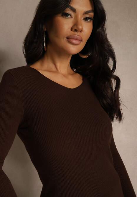 Brązowy Sweter z Bawełną z Prążkowanej Dzianiny Reisaria