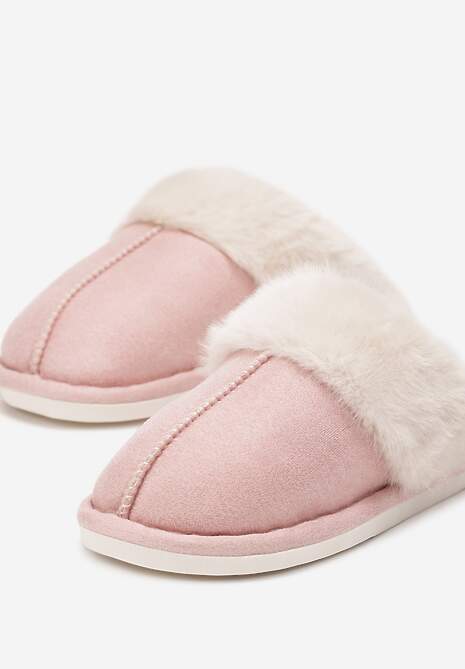 Różowe Wsuwane Kapcie Ozdobione Futerkiem i Przeszyciami Almane