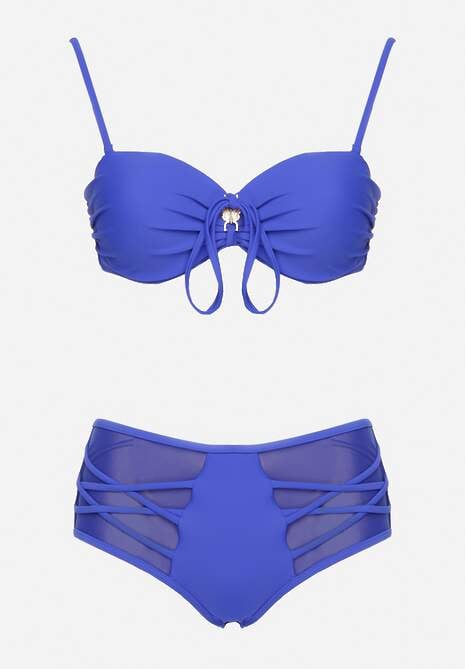 Niebieskie Bikini Biustonosz i Majtki Figi High Waist z Siateczkowymi Zdobieniami Kinovia