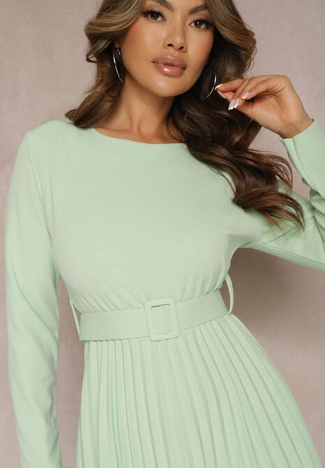 Zielona Plisowana Sukienka Midi z Paskiem w Talii Pailomena