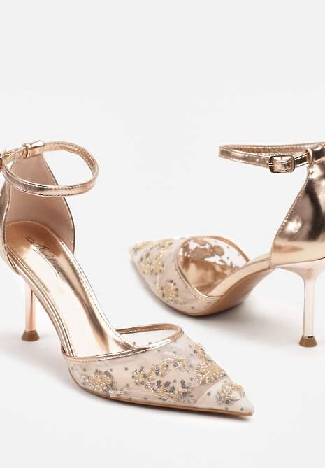Szampańskie Sandały z Transparentną Siateczką i Cekinami na Szpilce z Zapięciem wokół Kostki Olithwena