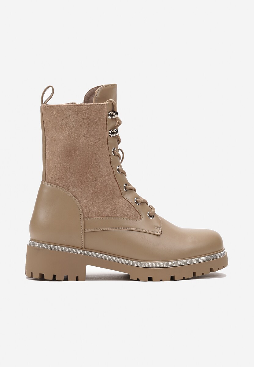 Ciemnobeżowe Sznurowane Botki Workery na Płaskiej Podeszwie Ozdobionej Cyrkoniami Musilia