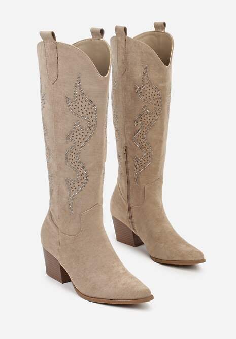 Ciemnobeżowe Kozaki Kowbojki na Stożkowym Obcasie Zdobione Cyrkoniami Nalasania