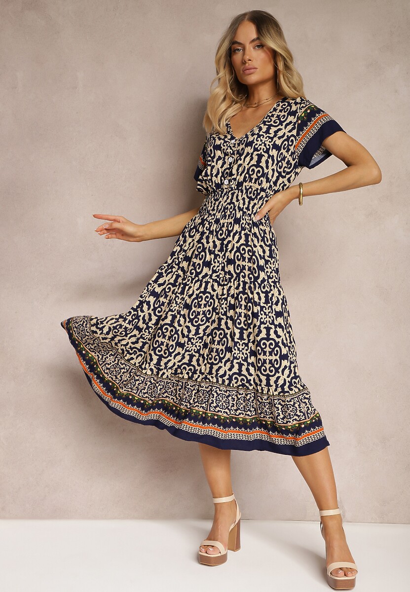 Ciemnofioletowa Sukienka z Bawełny z Trójkątnym Dekoltem i Gumką w Talii Zapinana na Guziki Lavlea