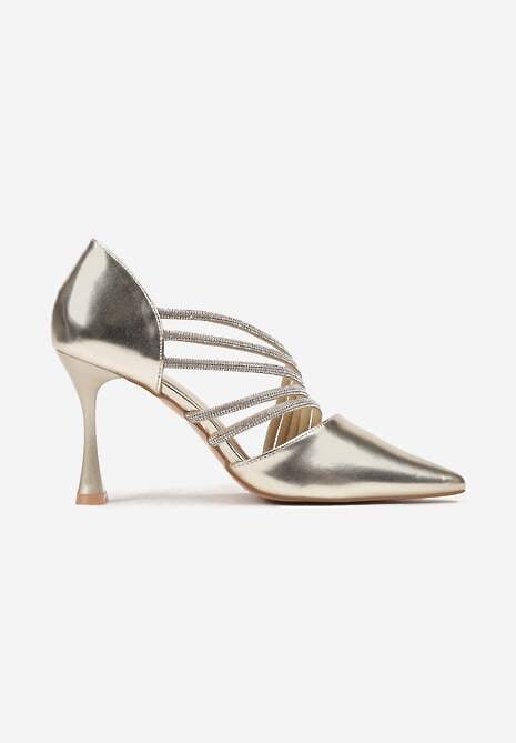 Złote Szpilki w Eleganckim Stylu Ozdobione Paskami z Cyrkonii Ettaisa