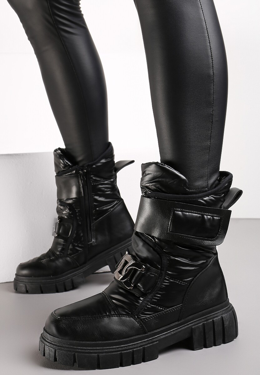 Czarne Pikowane Śniegowce z Klamrą w Kształcie Łańcucha Inaol