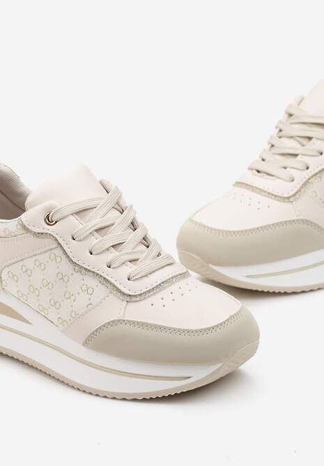 Beżowe Sneakersy z Brokatem na Grubej Podeszwie Hilena