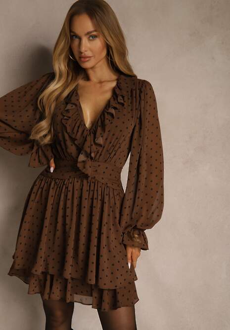 Brązowa Rozkloszowana Sukienka z Siateczki w Groszki z Falbankami Nesiba