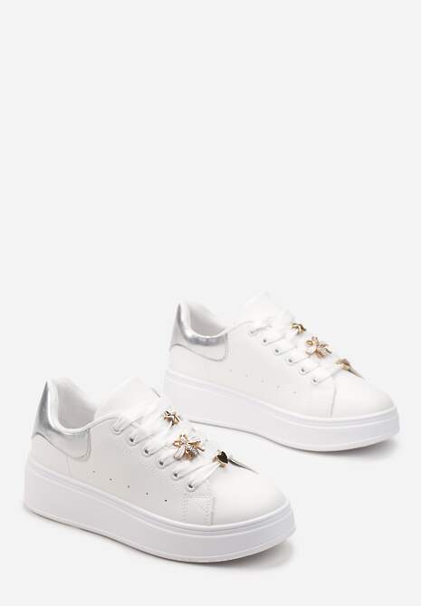 Biało-Srebrne Sneakersy na Platformie z Metaliczną Wstawką Grevaja