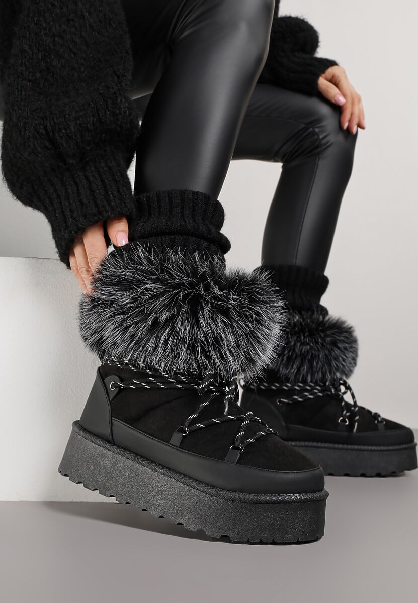 Czarne Śniegowce na Platformie Ozdobione Futerkiem Teswena