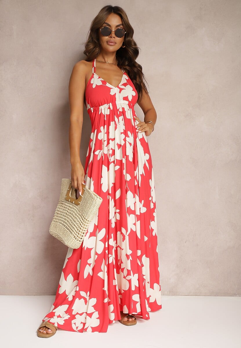 Czerwona Wiskozowa Sukienka na Ramiączkach o Rozkloszowanym Kroju Nansirona