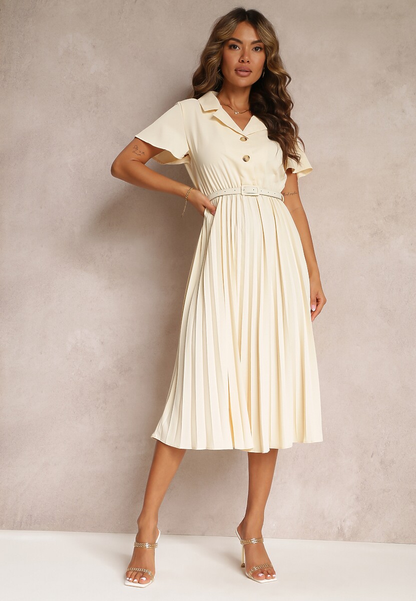 Zielona Retro Sukienka Midi z Plisowaniem i Paskiem na Klamrę Elinerise