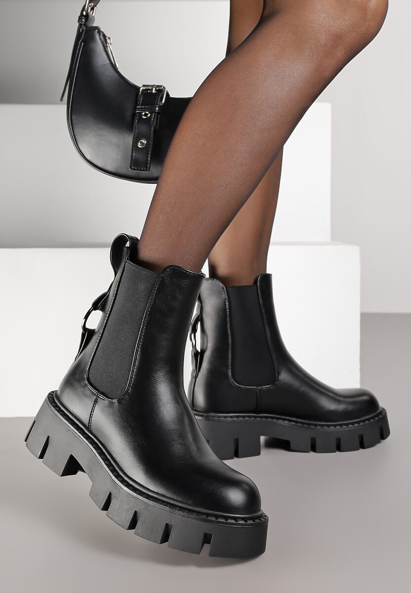 Czarne Botki Vices Sztyblety na Platformie Ozdobione Metaliczną Aplikacją Zaidera
