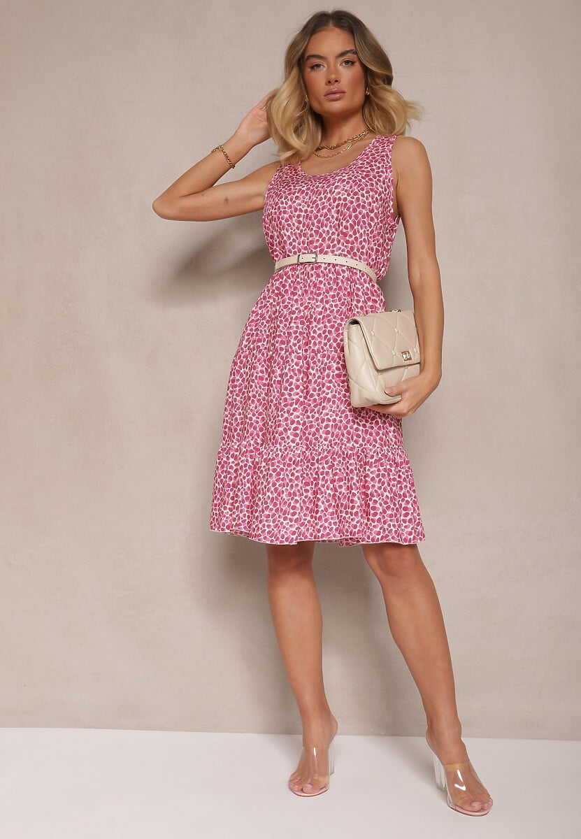 Ciemnoróżowa Sukienka z Bawełnianej Tkaniny w Nakrapiany Wzór Bez Rękawów Nativoria