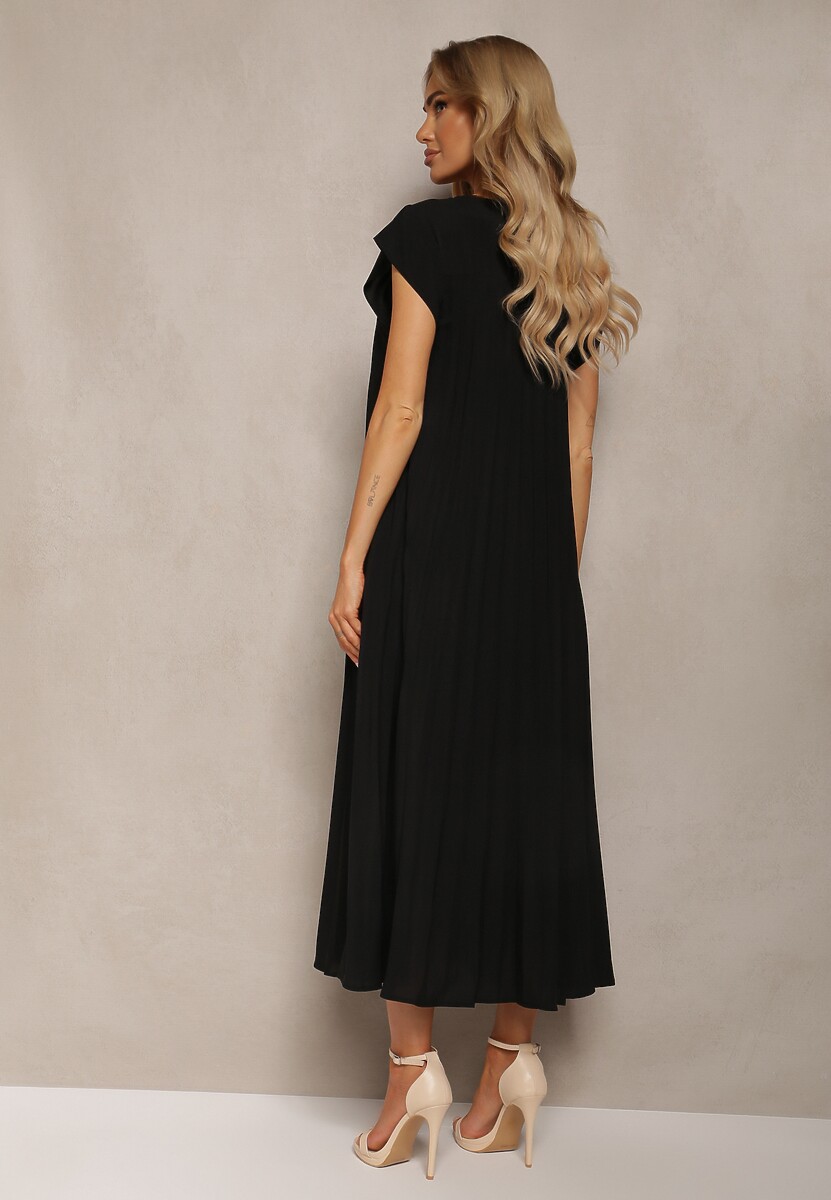 Czarna Rozkloszowana Sukienka z Plisowaniem i Krótkim Rękawem Hevina