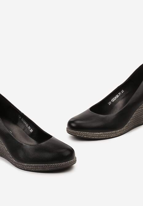 Czarne Czółenka Vices ze Skórzaną Wkładką na Plecionym Koturnie Serapne