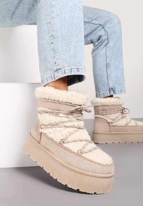 Beżowe Futerkowe Śniegowce Sznurowane na Grubej Podeszwie Werira