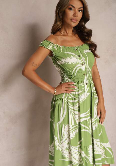 Jasnozielona Sukienka z Wiskozy na Ramiączkach z Gumką w Talii Peslifea