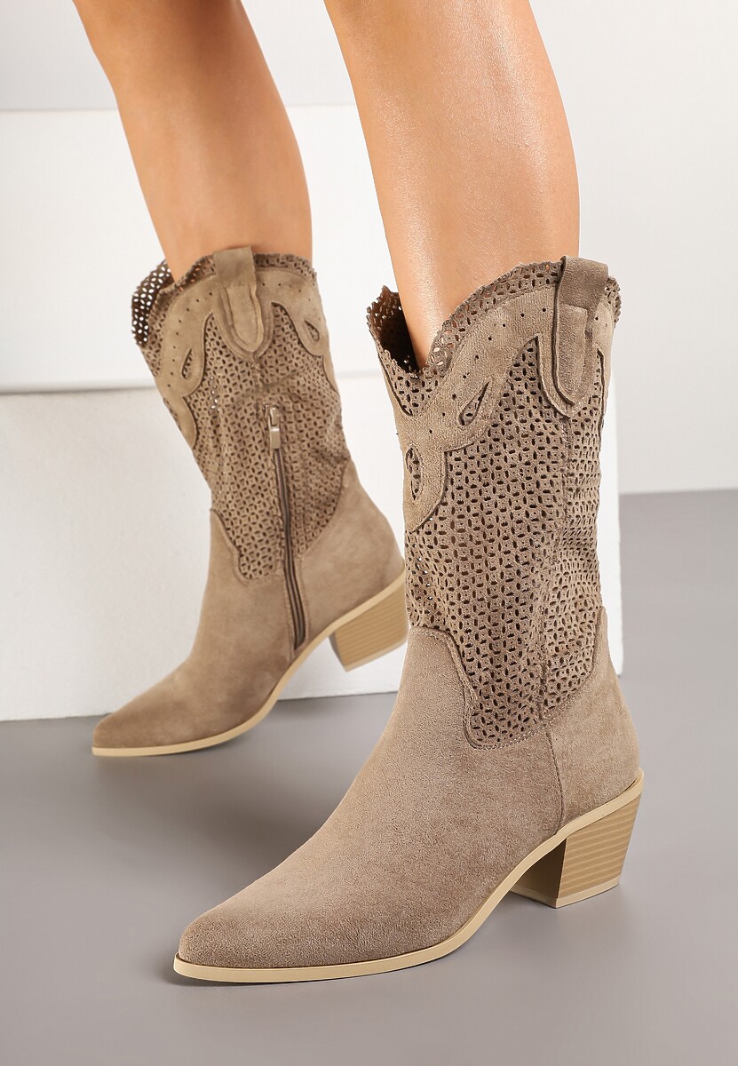 Ciemnobeżowe Botki Kowbojki na Słupku z Ażurową Cholewką Felmira