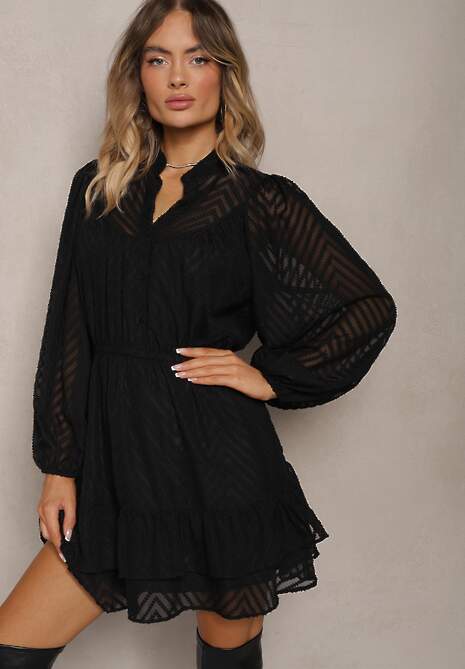 Czarna Sukienka Mini w Skośne Paski o Rozkloszowanym Fasonie z Gumką w Talii Tennari