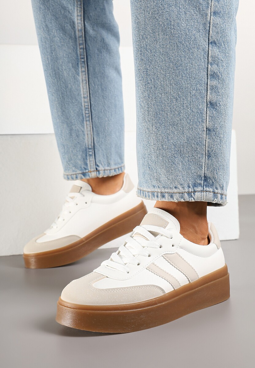 Biało-Beżowe Klasyczne Sneakersy Tenisówki na Niskiej Platformie Denirla