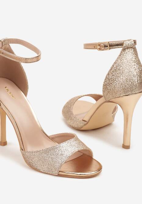 Szampańskie Brokatowe Sandały Vices na Szpilce z Okrągłym Noskiem Katoria