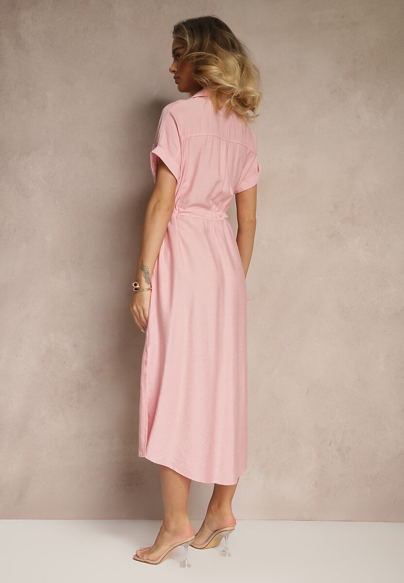 Różowa Wiskozowa Sukienka Koszulowa z Guzikami i Wiązaniem w Talii Velazia