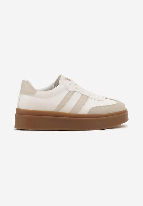 Biało-Beżowe Sneakersy na Kauczukowej Podeszwie Ozdobione Paskami Nilimea