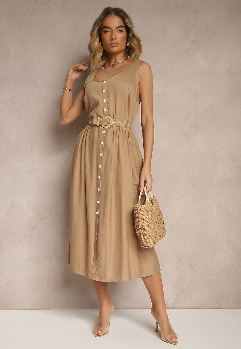 Ciemnobeżowa Rozkloszowana Sukienka z Wiskozy Ozdobiona Guzikami Nataviela