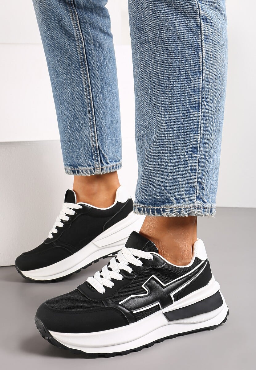 Czarno-Białe Sneakersy przed Kostkę na Platformie z Wstawką Evienne