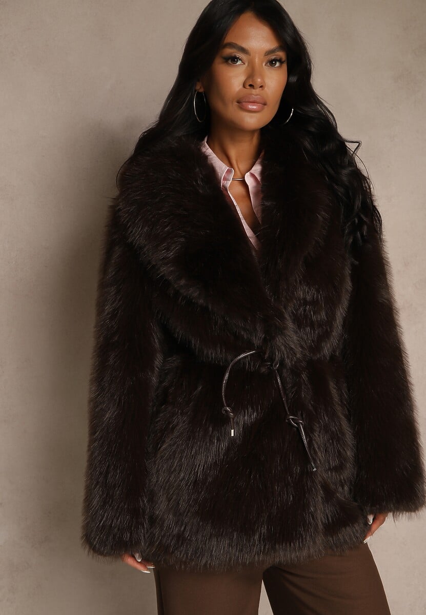 Brązowa Klasyczna Kurtka Futerko z Wąskim Wiązanym Paskiem w Talii Casfitta