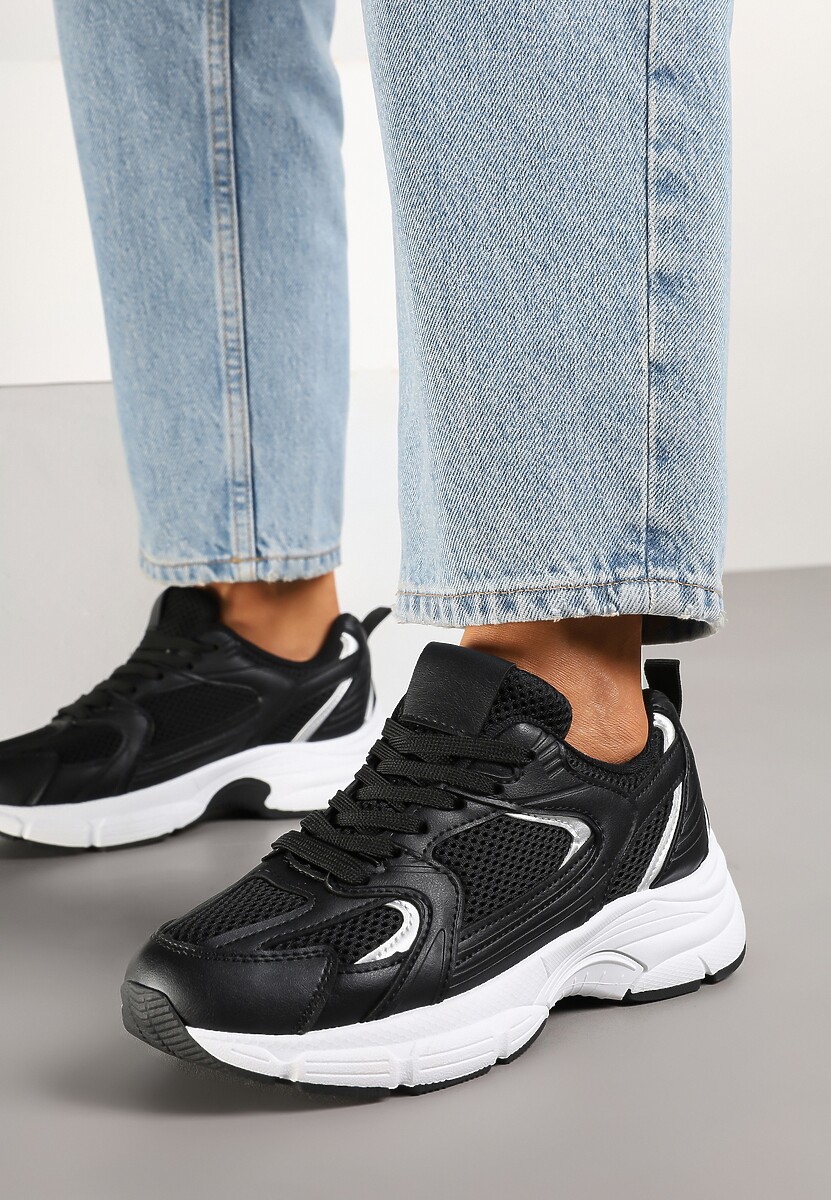 Czarne Sneakersy na Grubej Podeszwie z Cholewką z Siateczką Zollexia