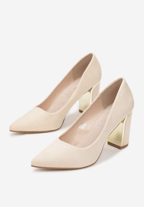 Beżowe Czółenka na Ozdobnym Słupku z Wkładką ze Skóry Naturalnej Vayla