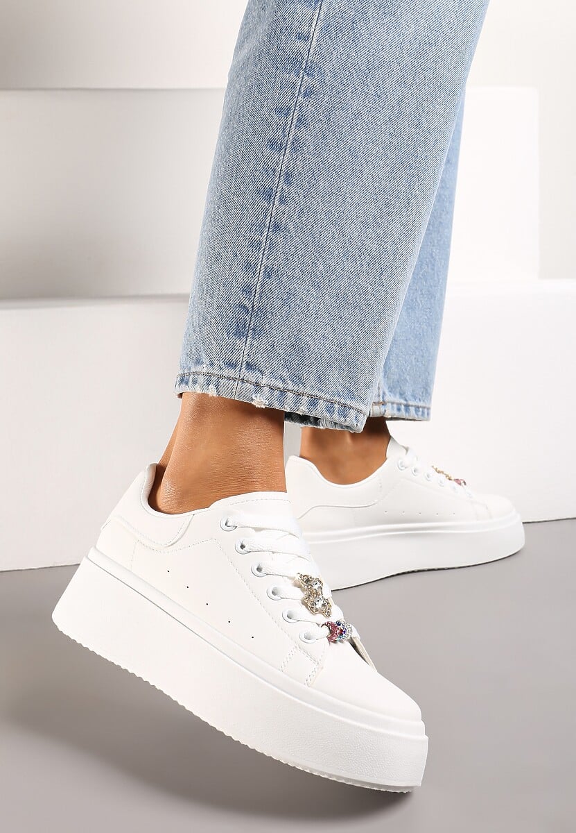 Białe Sneakersy z Cyrkoniami na Sznurówkach z Platformą Nomiji