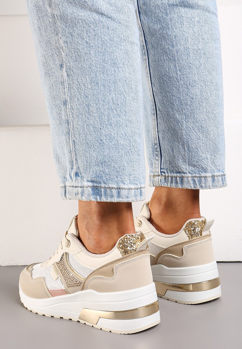 Beżowe Sneakersy z Brokatem Cyrkoniami i Metalicznymi Wstawkami Zephramis