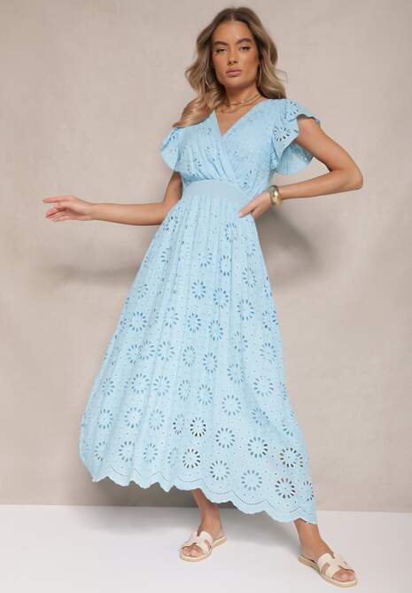 Niebieska Kopertowa Sukienka Ażurowa z Bufiastymi Rękawami Ldivaya