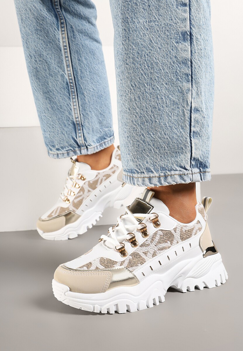 Biało-Beżowe Sneakersy w Steetwearowym Stylu na Tłoczonej Platformie Gonavielle