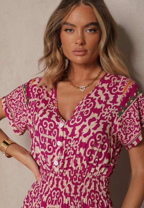 Fioletowa Sukienka z Bawełny Ozdobiona Ornamentnym Motywem Fillena