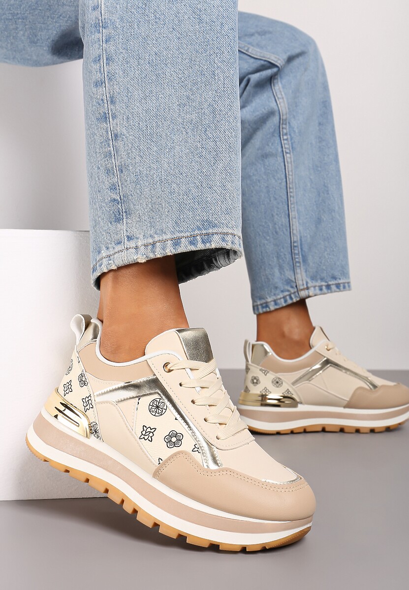 Beżowe Sneakersy Ozdobione Geometrycznym Wzorem i Metaliczną Wstawką Ifira