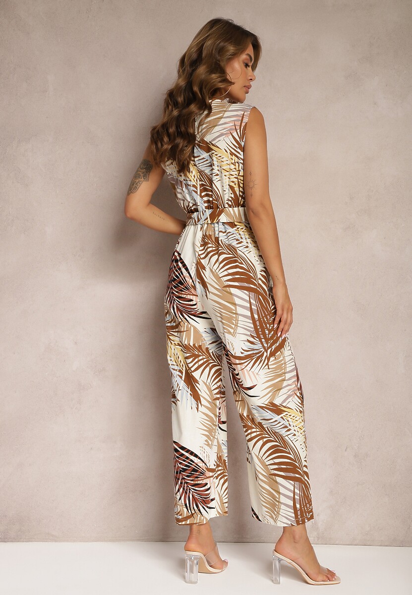 Beżowy Kombinezon z Bawełny z Szerokimi Ramiączkami i Długimi Nogawkami Vmeviana