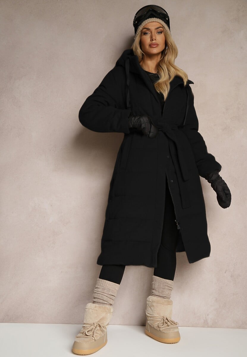 Beżowa Kurtka z Kapturem Paskiem i Rozcięciami na Napy Zdobiona Pikowanymi Przeszyciami Semandira