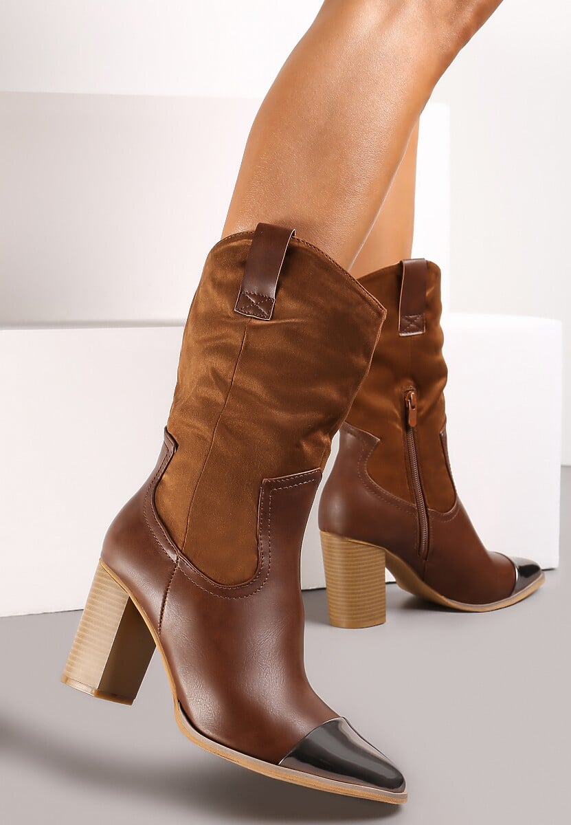 Brązowe Botki Kowbojki na Obcasie z Metalicznym Noskiem w Szpic Cascatha